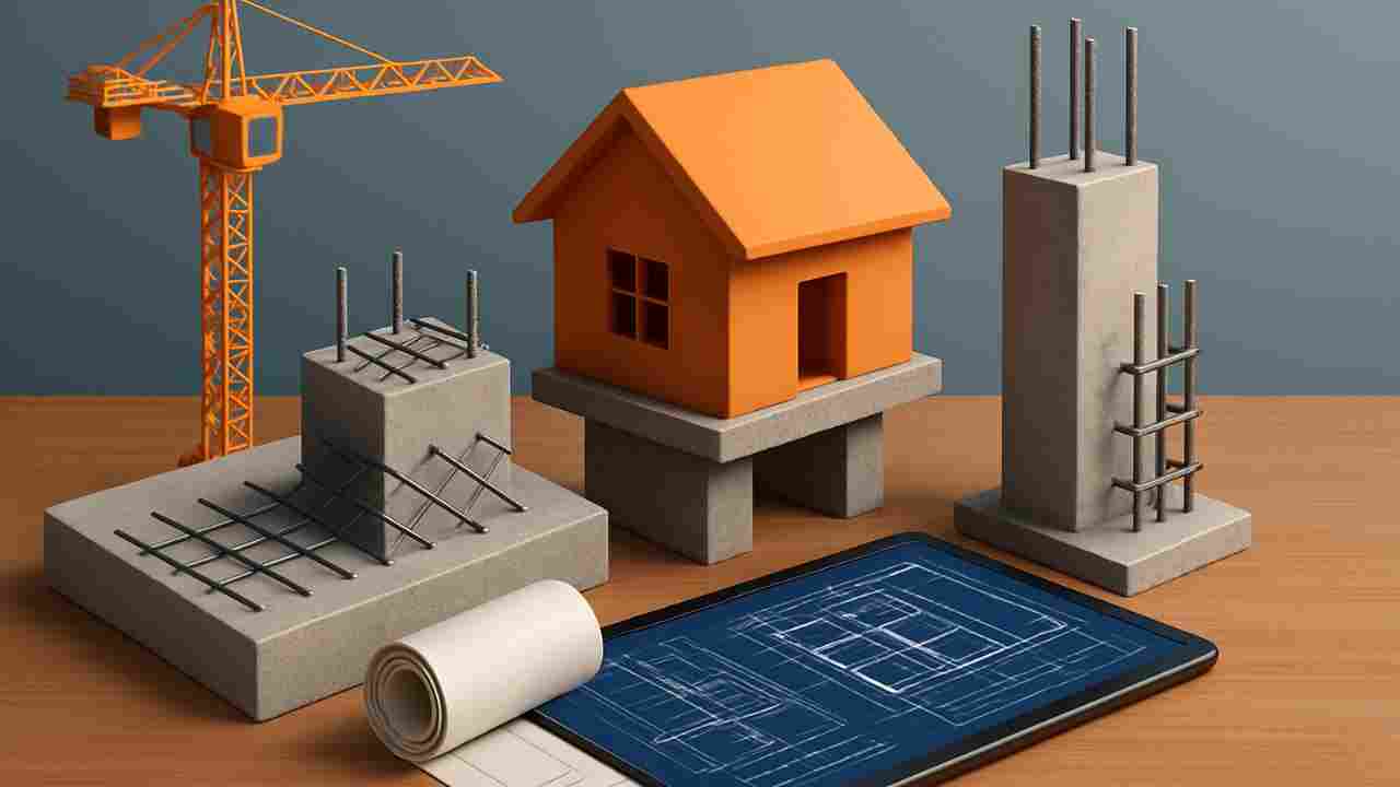 Realistic construction site in Delhi showing RCC columns, beams, and slabs under construction with workers, symbolizing durability and modern civil work