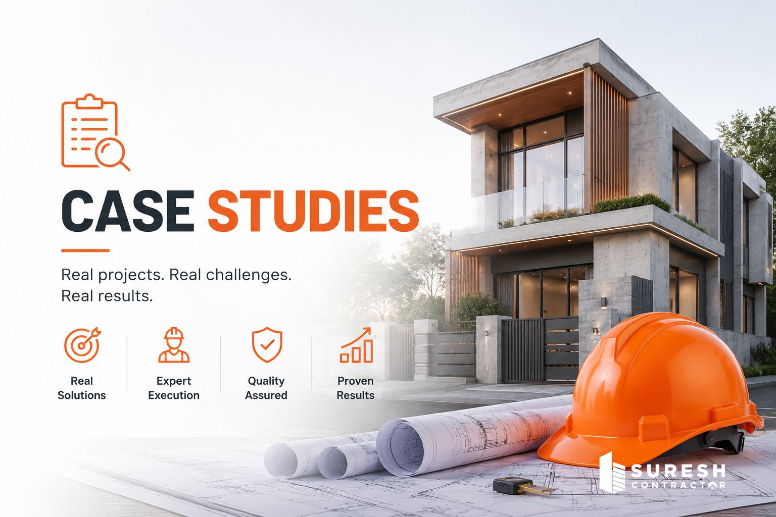 Case Studies featured image showing a modern house, construction helmet, blueprints, and engineering tools representing real residential construction projects and successful project execution.