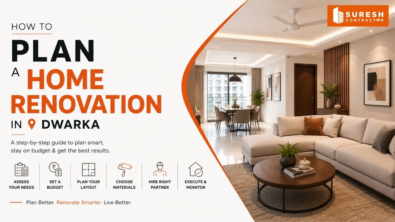How to Plan a Home Renovation in Dwarka guide featuring a premium modern home interior and step-by-step renovation planning for homeowners.