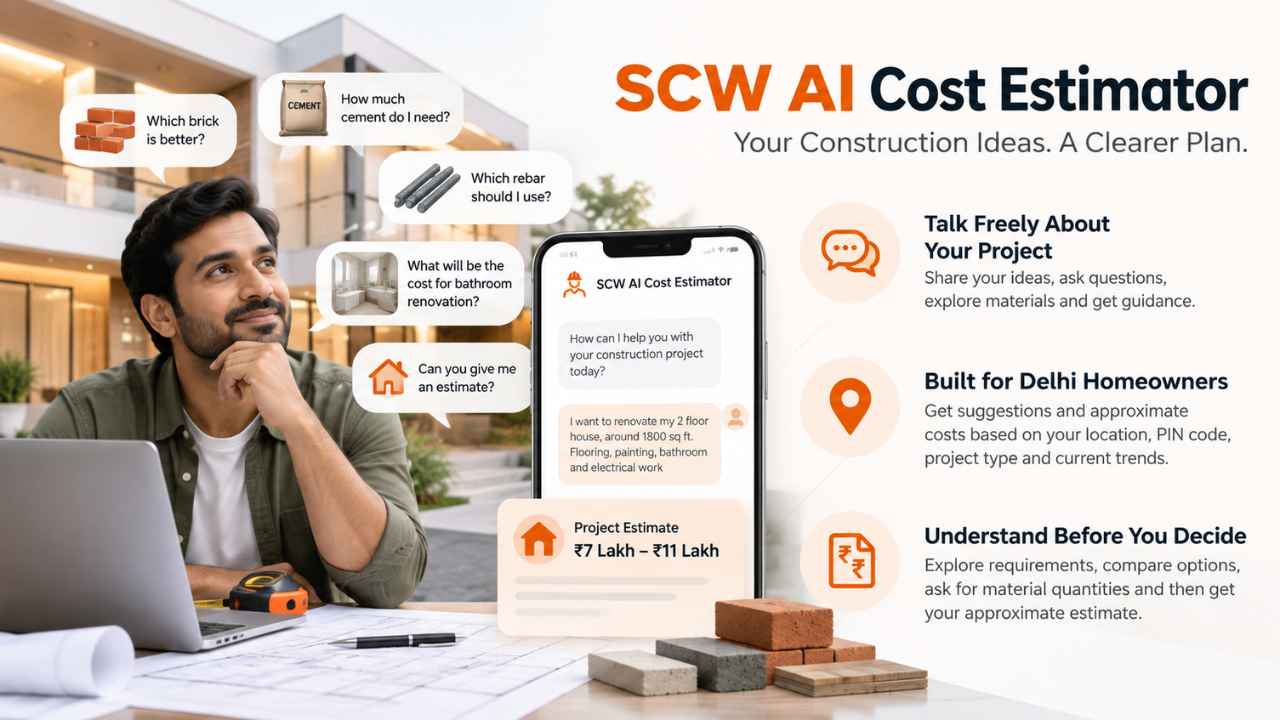 SCW AI Cost Estimator for Delhi homeowners showing construction planning, material questions, project details, and approximate cost estimation