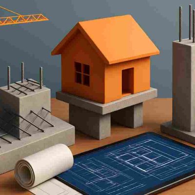 Realistic construction site in Delhi showing RCC columns, beams, and slabs under construction with workers, symbolizing durability and modern civil work