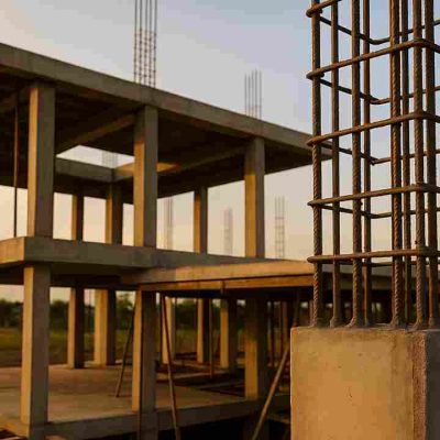 RCC framework ghar ki neenv aur structure ko strong banata hai. Image me reinforced concrete columns, beams aur slabs clearly dikh rahe hain.