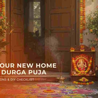 Realistic image of a new modern house with Durga Puja idols in the background, representing auspicious time for home construction.
